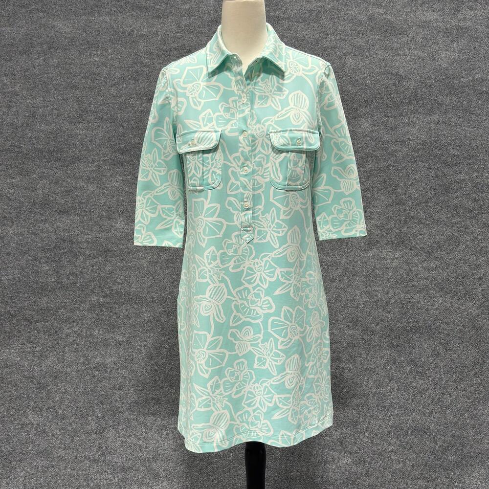 Persifor Dress Womens Medium Blue Tropical Floral Shirt Dress 3/4 Sleeve USA